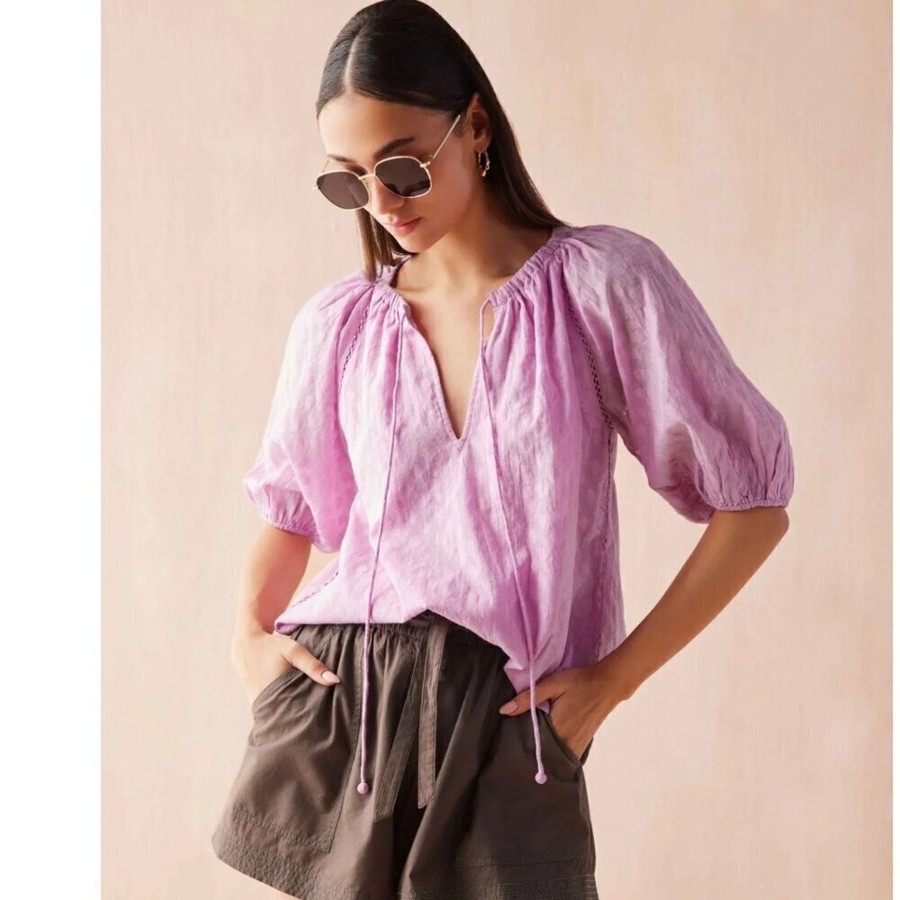 Anthropologie Omika Isla Linen Blend Blouse Tanu Taro Purple Womens Size Small